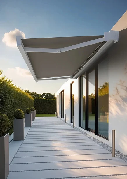 Tenda Alpha aperta lungo la facciata di una casa moderna
