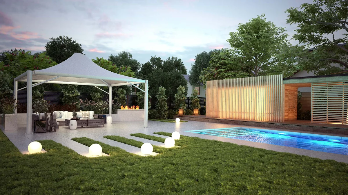 Gazebo bianco a punta in giardino con piscina al tramonto