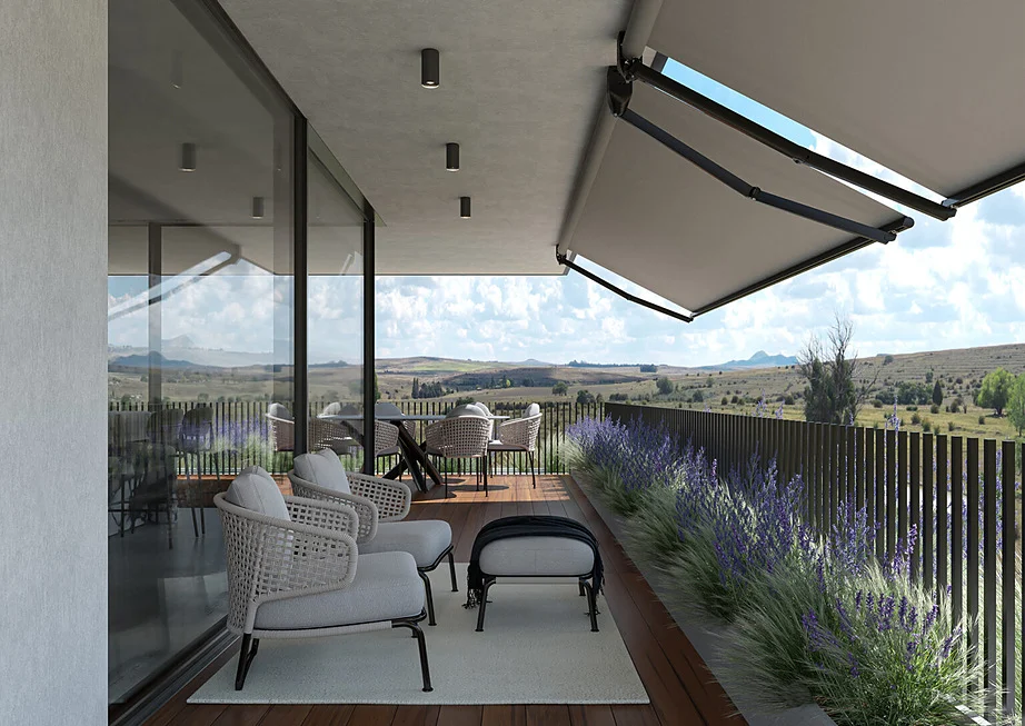Tenda Mini Helix PS nera aperta su un terrazzo affacciato sulla campagna