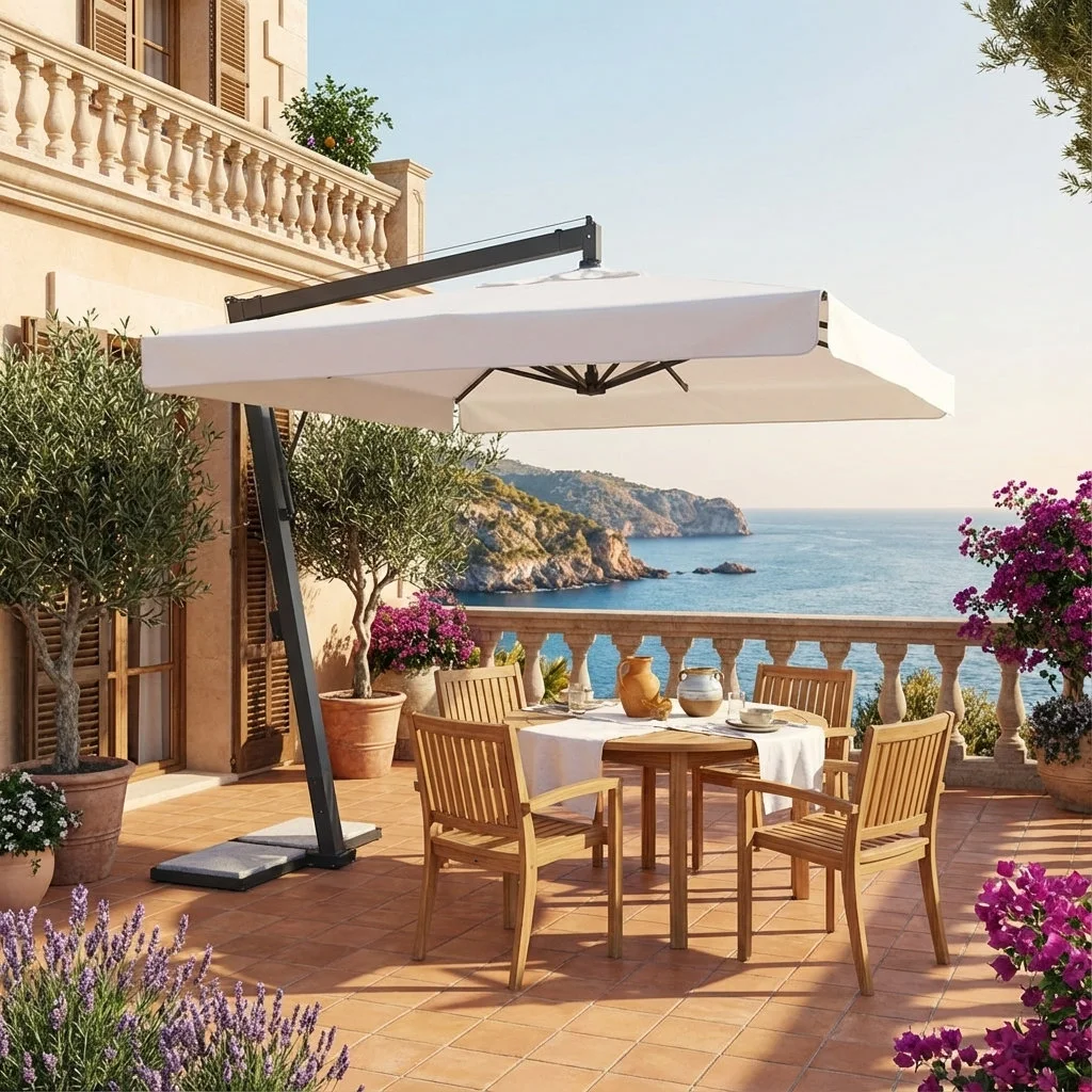 Ombrellone a braccio laterale bianco su terrazza vista mare