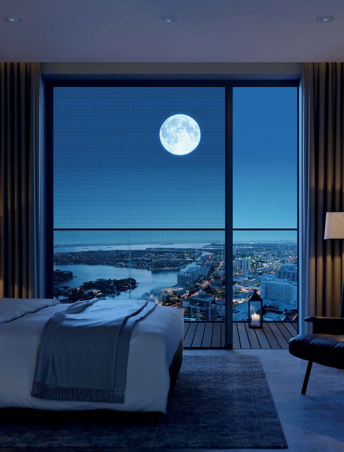 Camera da letto di notte con zanzariera Superluna sulla porta finestra