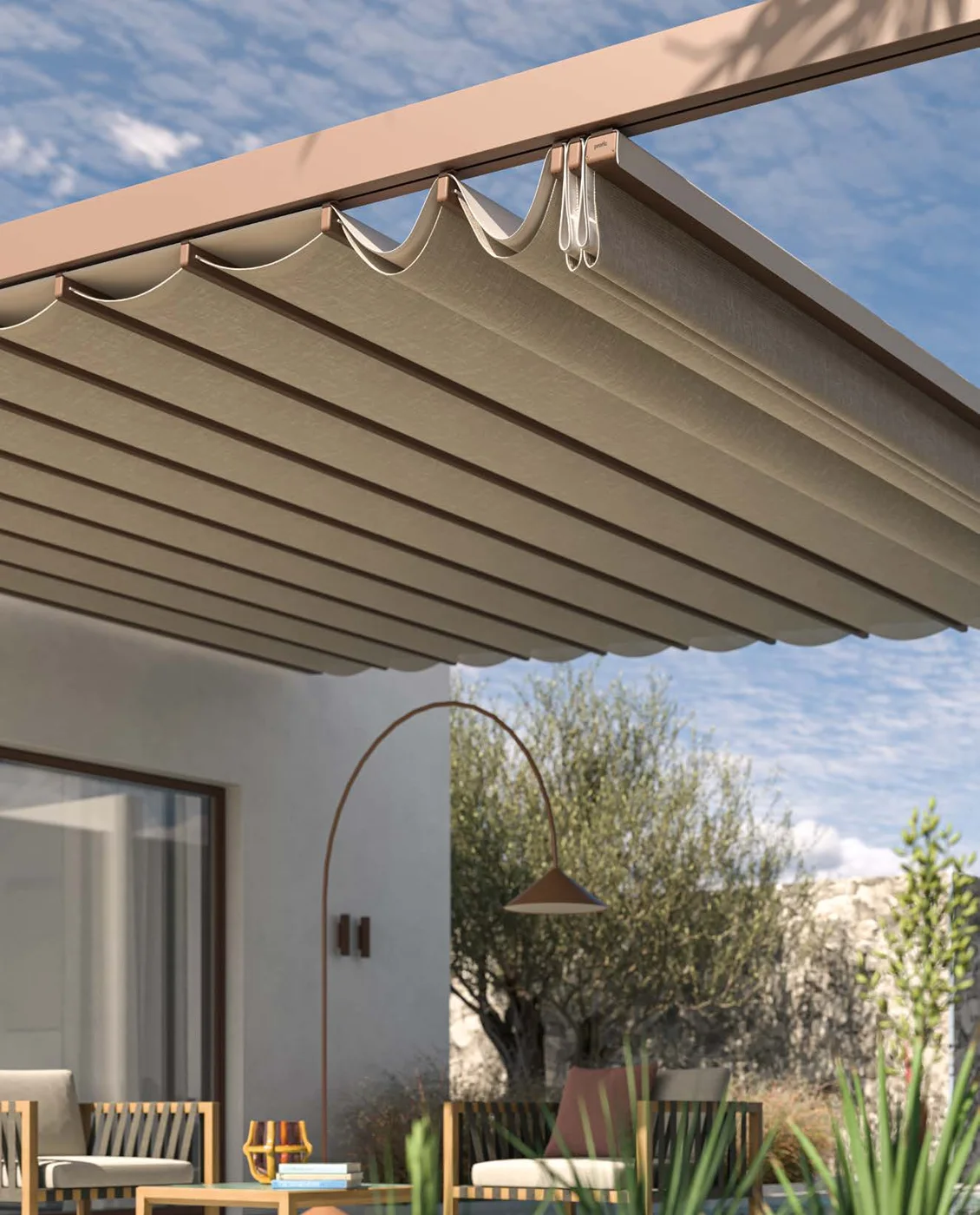 Telo in PVC della copertura Tecnic raccolto a onde, visto da sotto