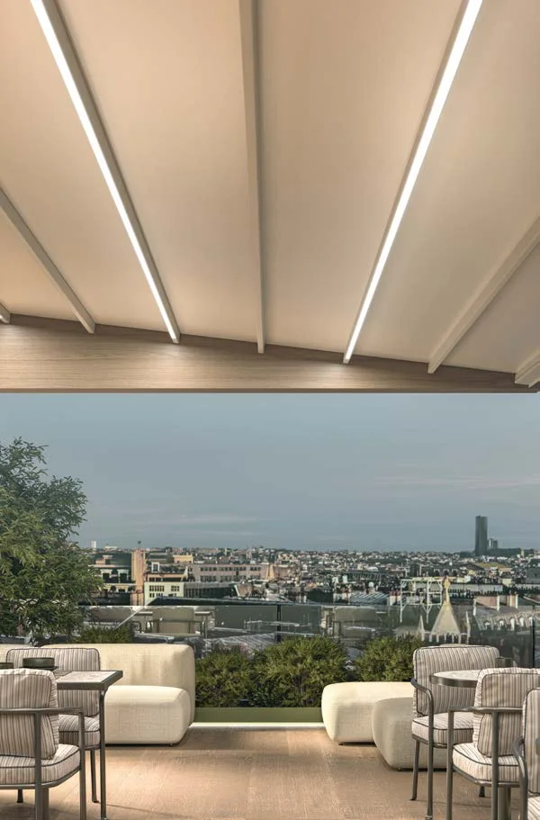 Copertura Tecnic con LED nei rompitratta su una terrazza in città